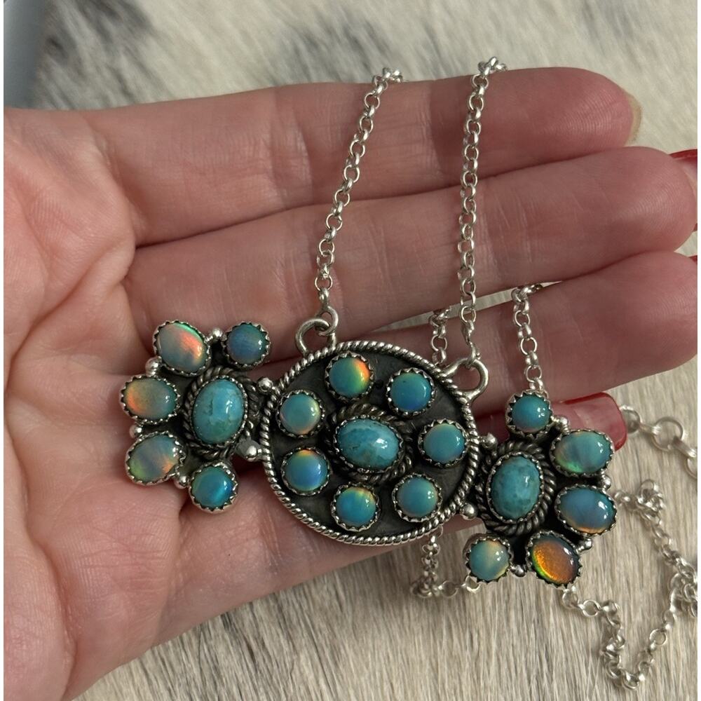 Huge 2.5” Sterling Silver Aurora Opal & Blue Turquoise Cluster Bar Necklace 18”+
